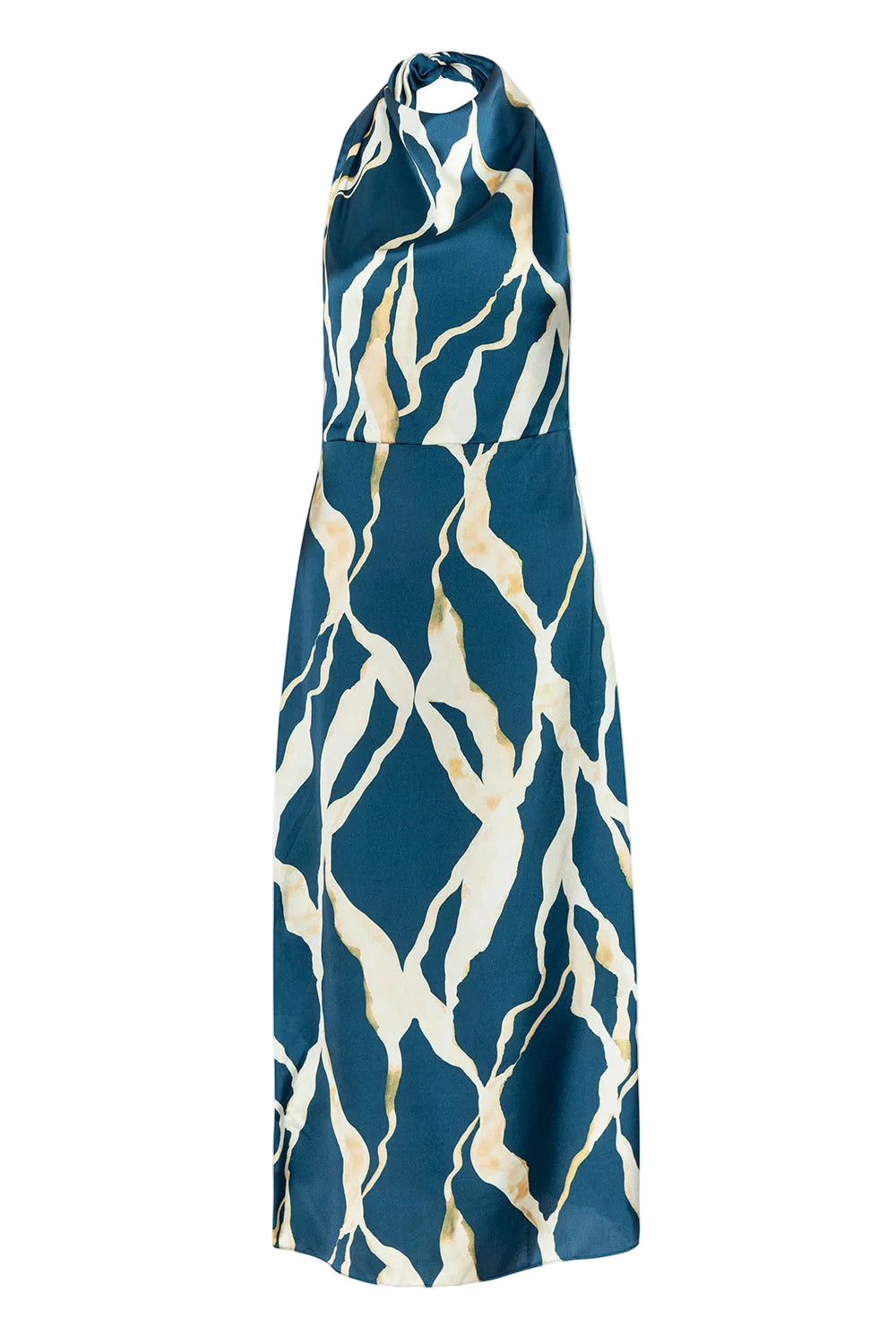 Blue dress with white abstract pattern on a white background