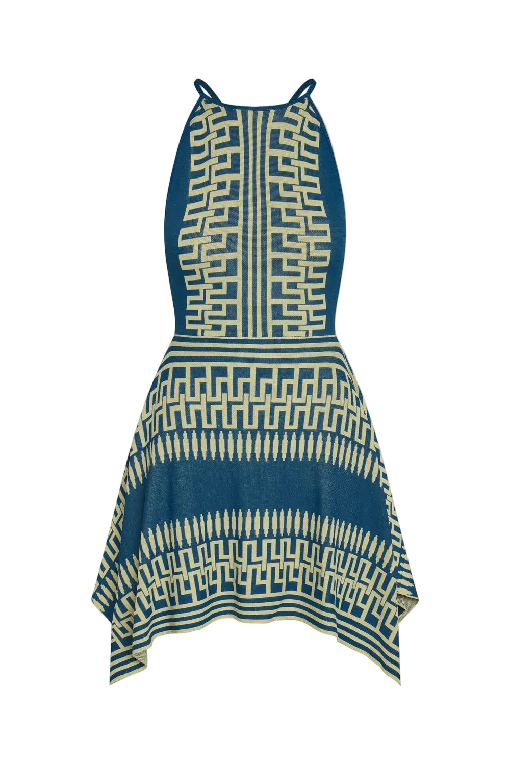 Blue and beige patterned dress on a white background