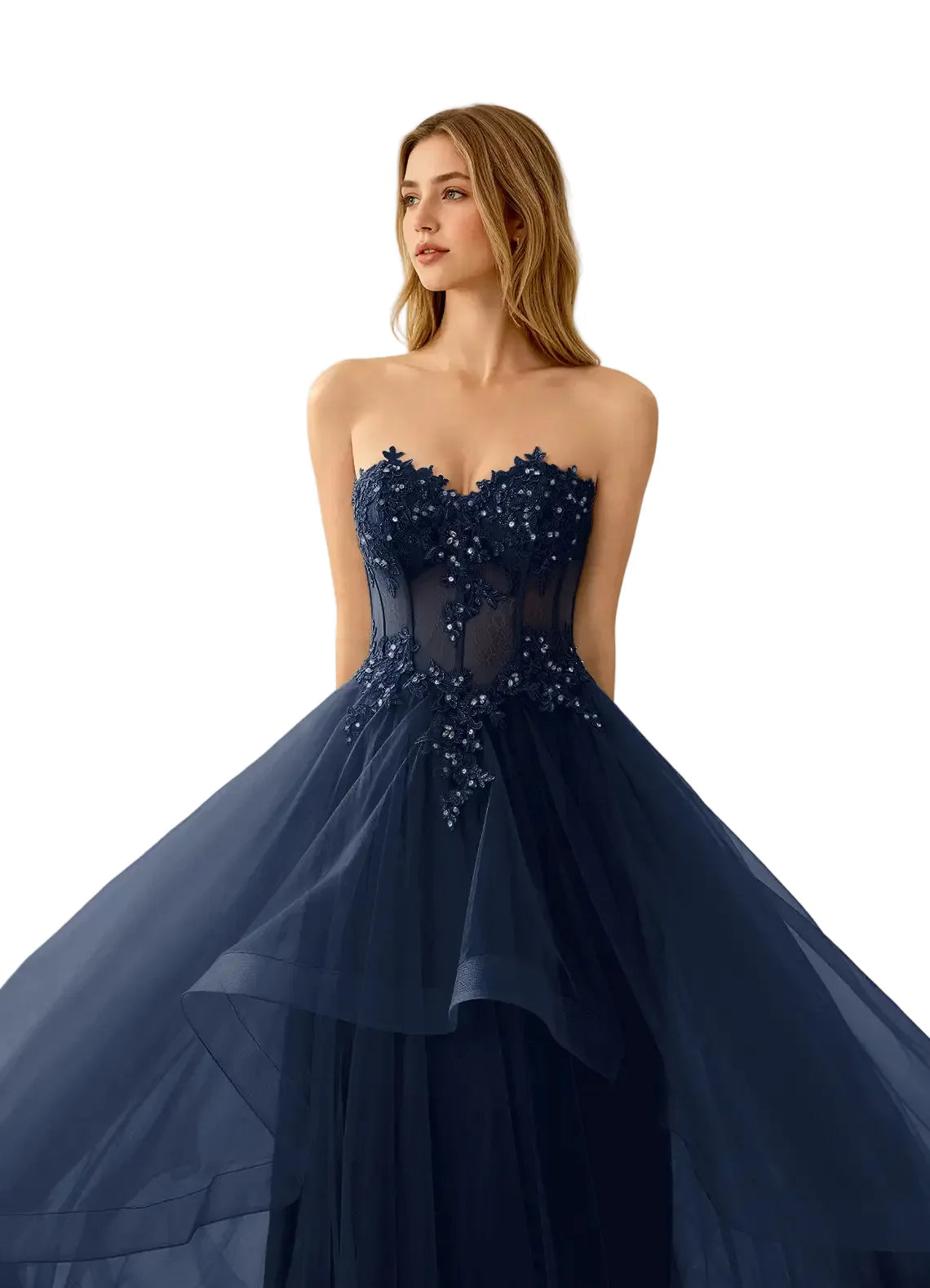 Navy blue strapless gown with intricate beadwork on a white background