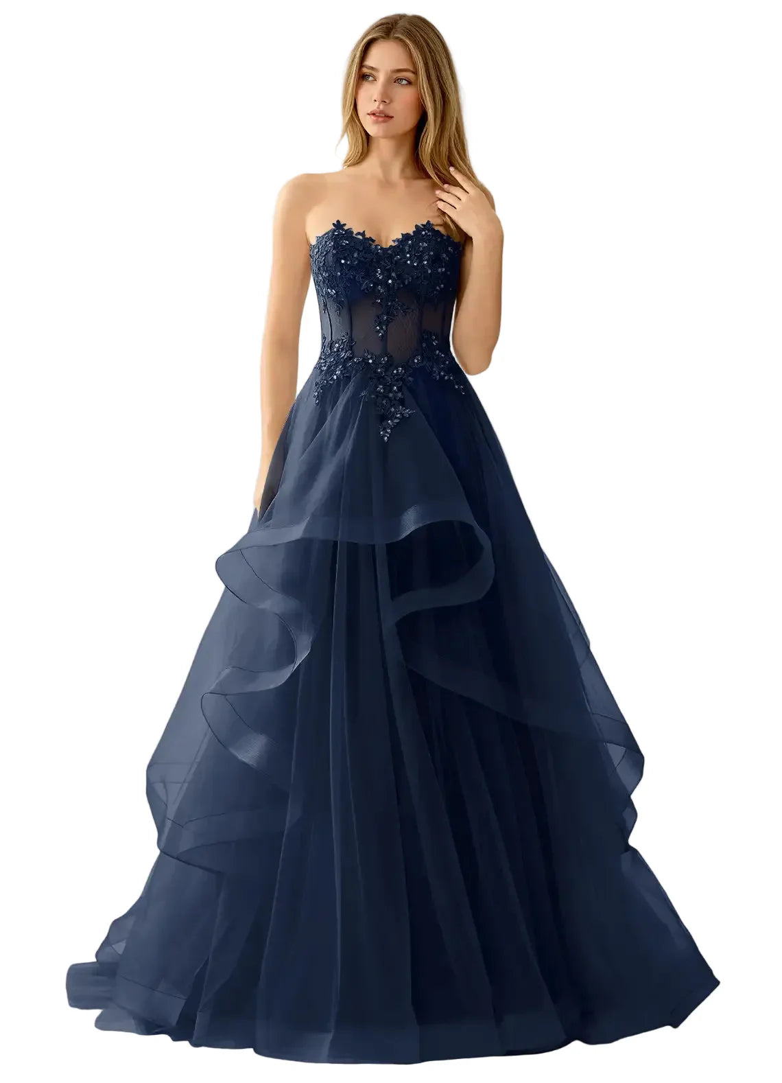 Navy blue strapless gown with intricate detailing on a white background