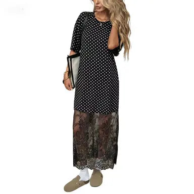 Oversized T-Shirt Maxi Dress with Sheer Lace Hem Drop Shoulder