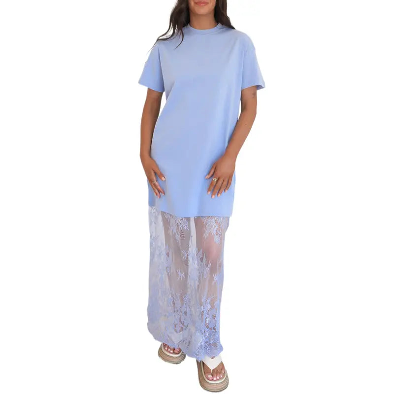 Oversized T-Shirt Maxi Dress with Sheer Lace Hem Drop Shoulder