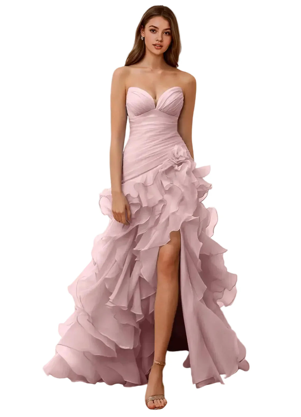 Pink strapless gown with ruffled skirt on a white background