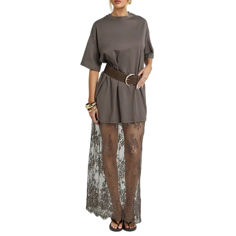 Oversized T-Shirt Maxi Dress with Sheer Lace Hem Drop Shoulder