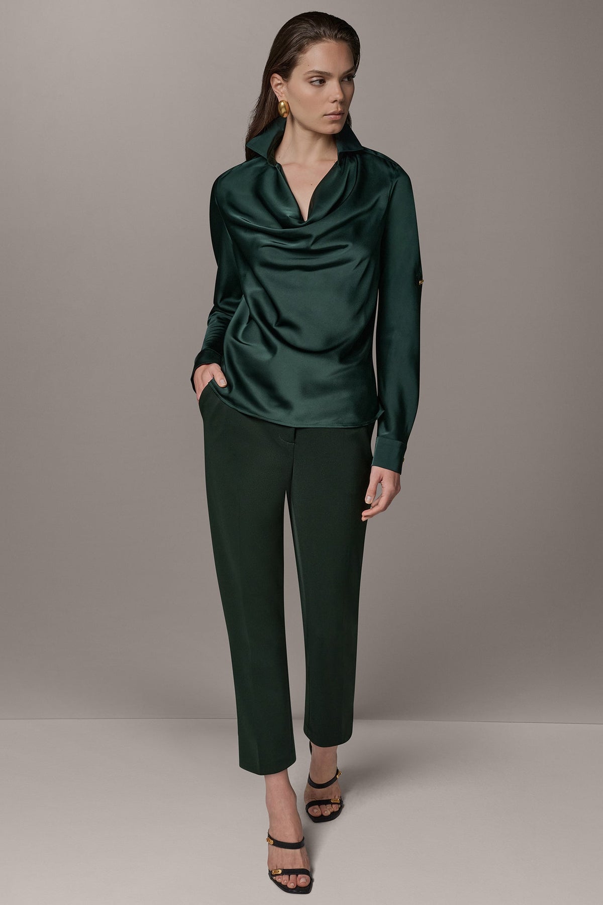 ROLL SLEEVE COWL NECK BLOUSE