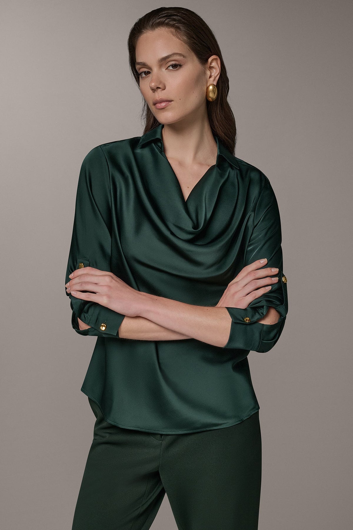 ROLL SLEEVE COWL NECK BLOUSE