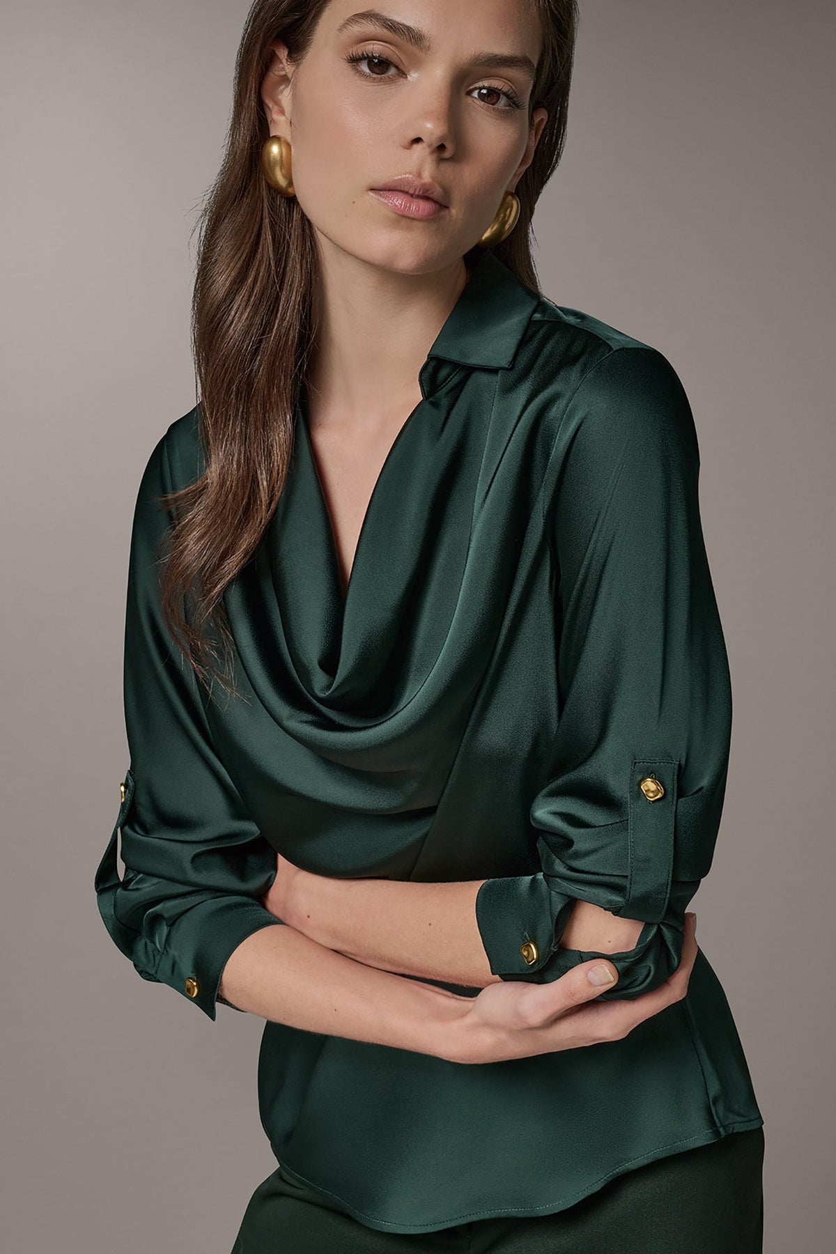 ROLL SLEEVE COWL NECK BLOUSE