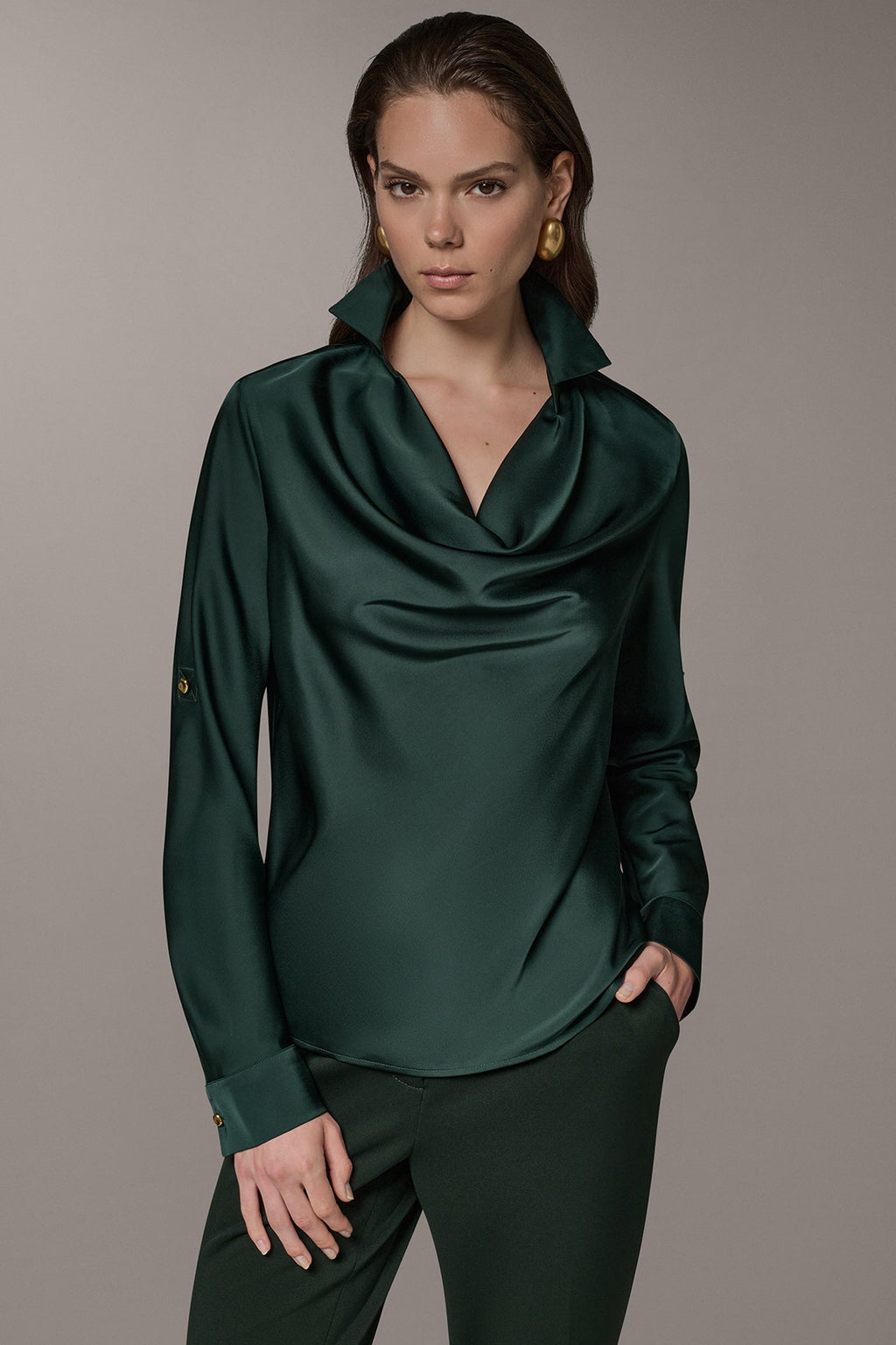 ROLL SLEEVE COWL NECK BLOUSE