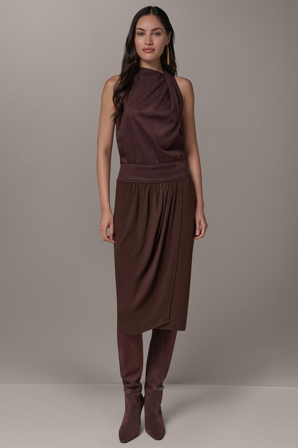 WRAP-EFFECT MIXED-MEDIA SKIRT