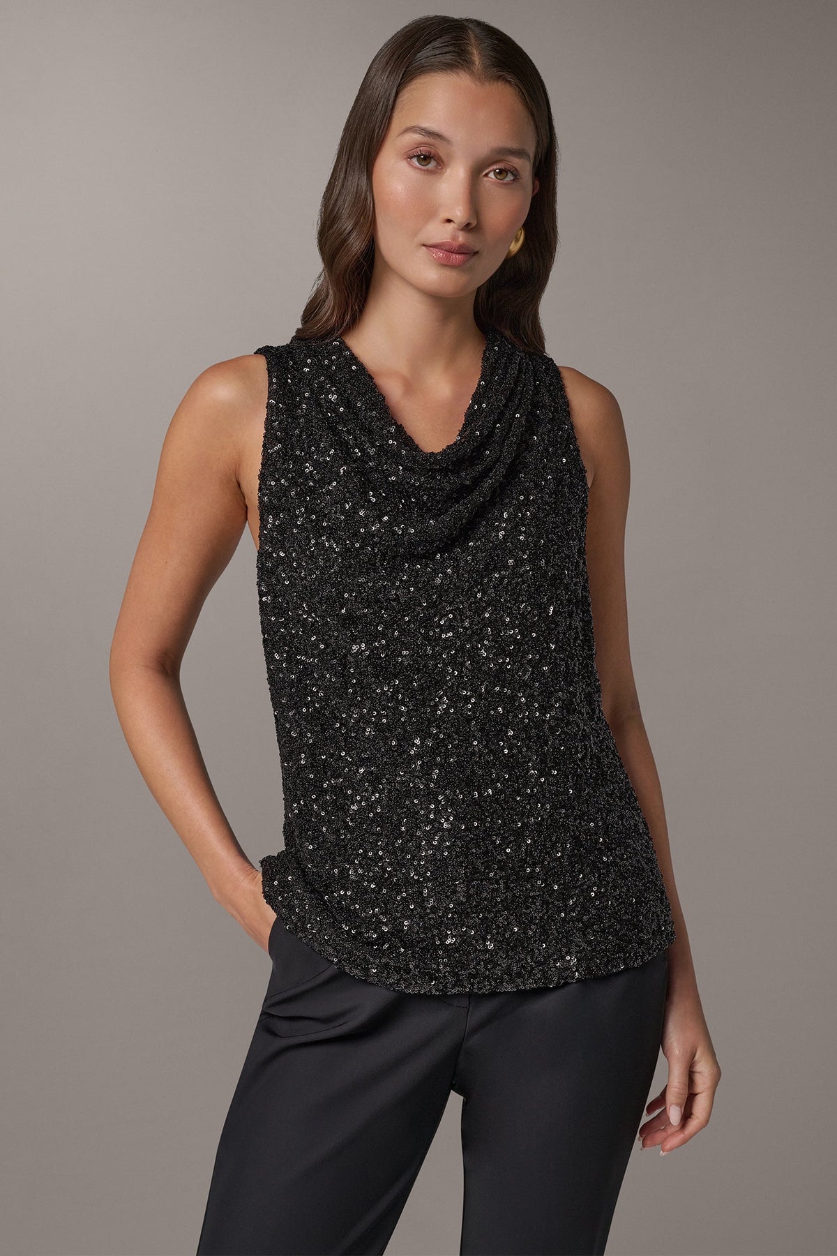 SEQUIN HIGH COWL NECK TOP