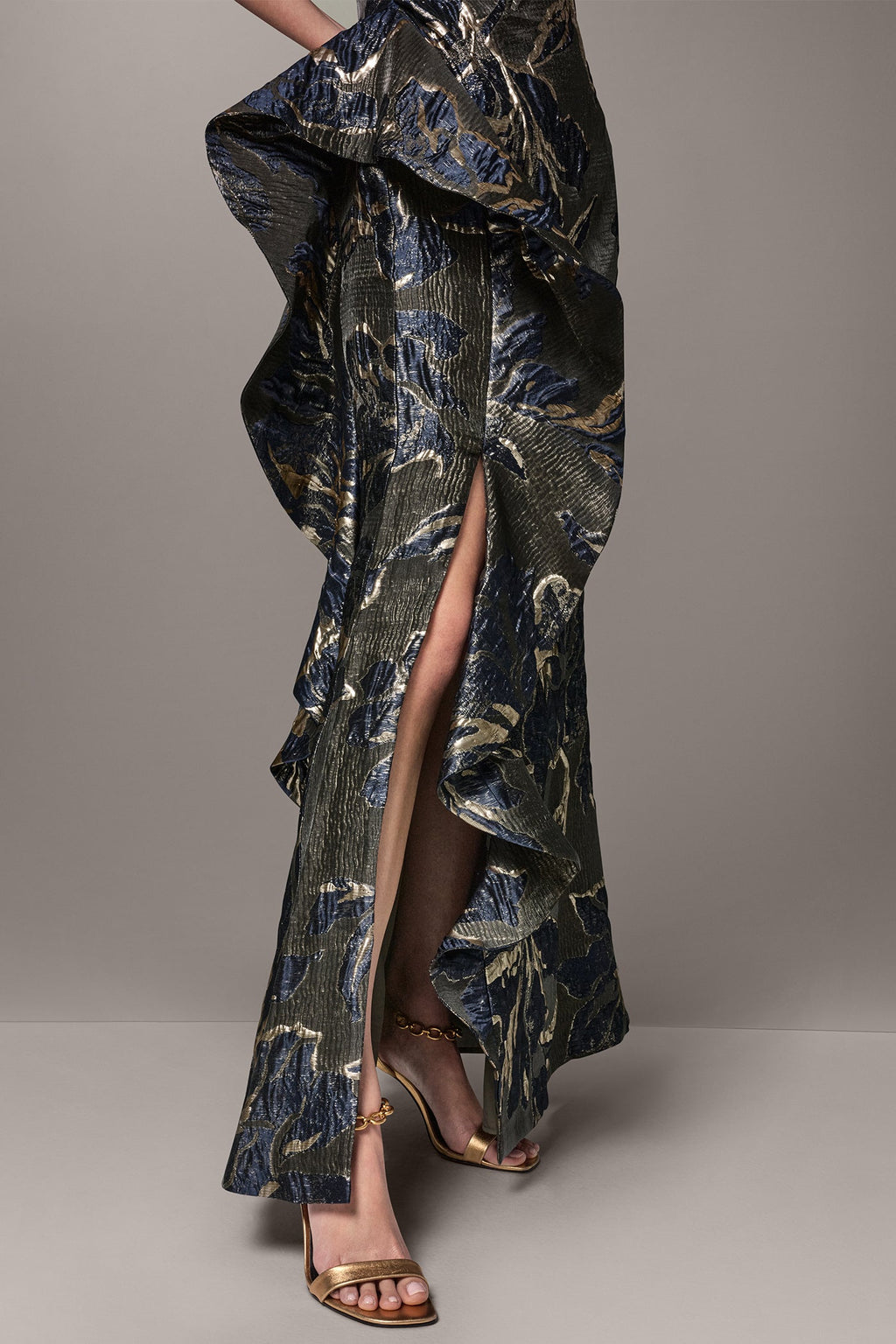 ONE SHOULDER FLORAL RUFFLE GOWN