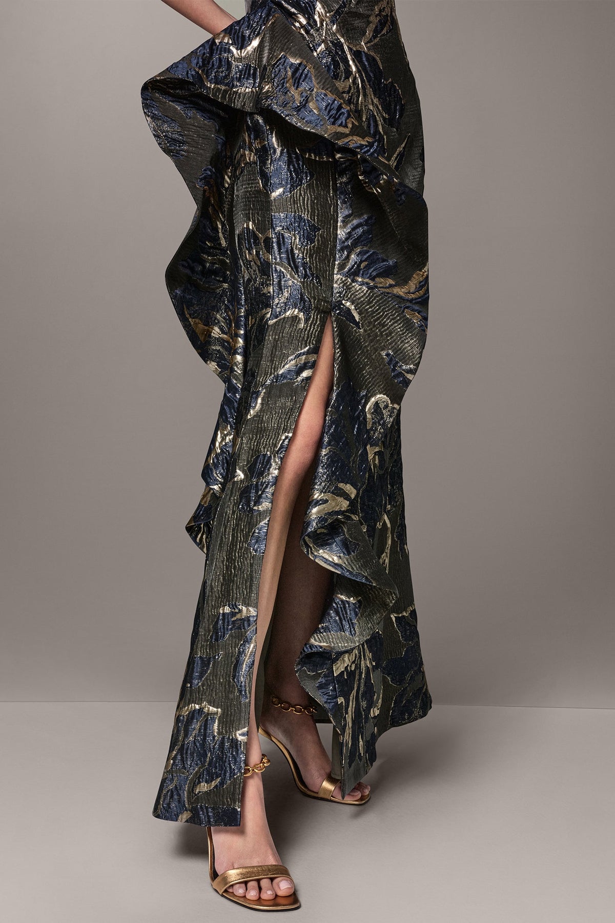 ONE SHOULDER FLORAL RUFFLE GOWN