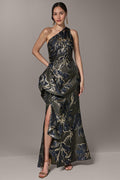 ONE SHOULDER FLORAL RUFFLE GOWN