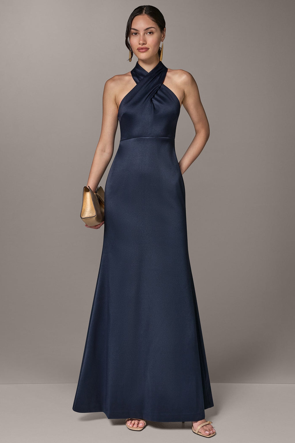 MIKADO CROSS FRONT HALTER GOWN