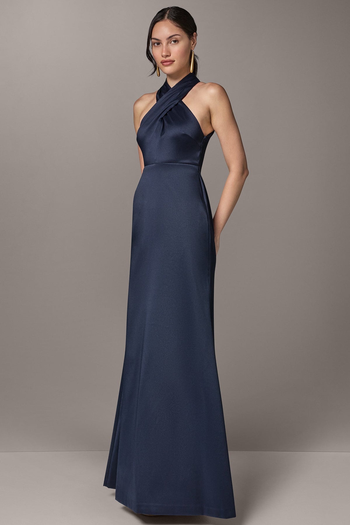 MIKADO CROSS FRONT HALTER GOWN