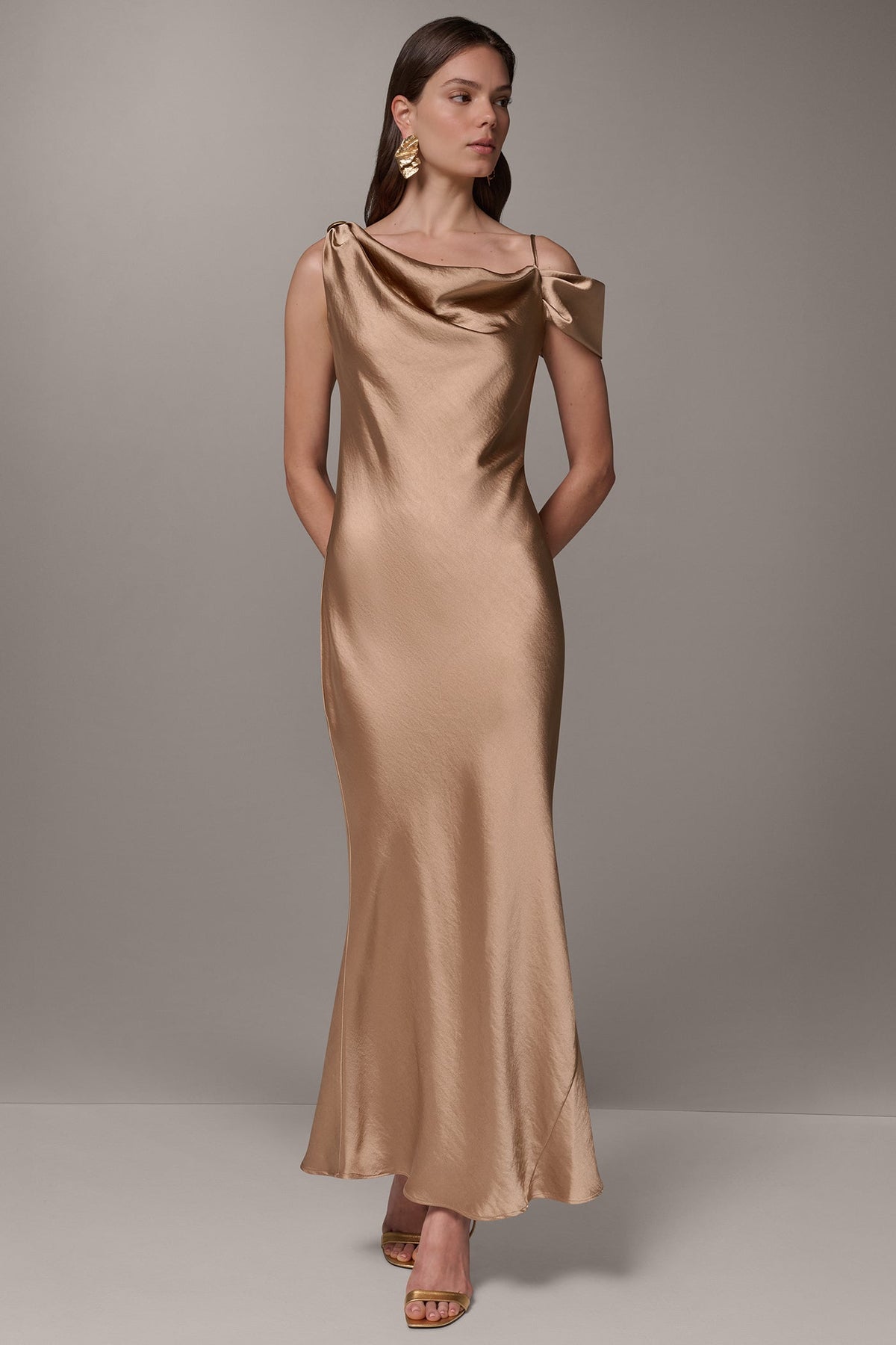 ASYMMETRIC COWL NECK GOWN