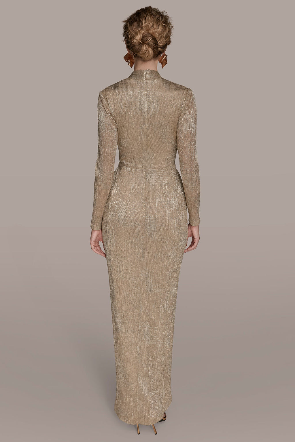 METALLIC CRINKLED EMBELLISHED WRAP GOWN