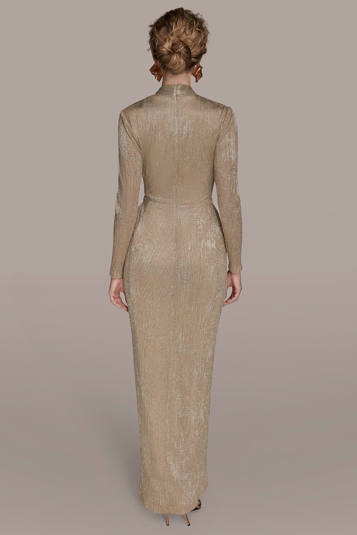 METALLIC CRINKLED EMBELLISHED WRAP GOWN