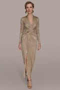 METALLIC CRINKLED EMBELLISHED WRAP GOWN