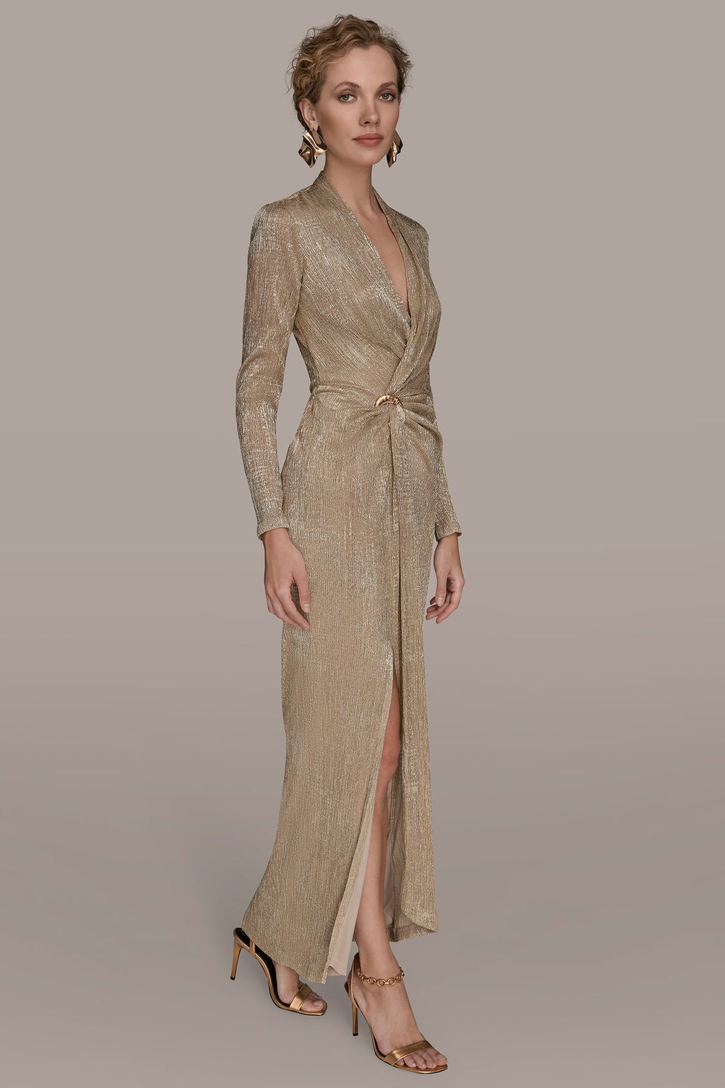 METALLIC CRINKLED EMBELLISHED WRAP GOWN