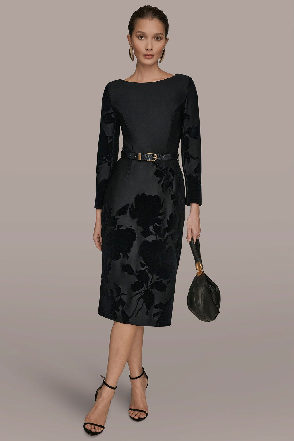 BELTED FLOCKED FLORAL MIDI SHEATH