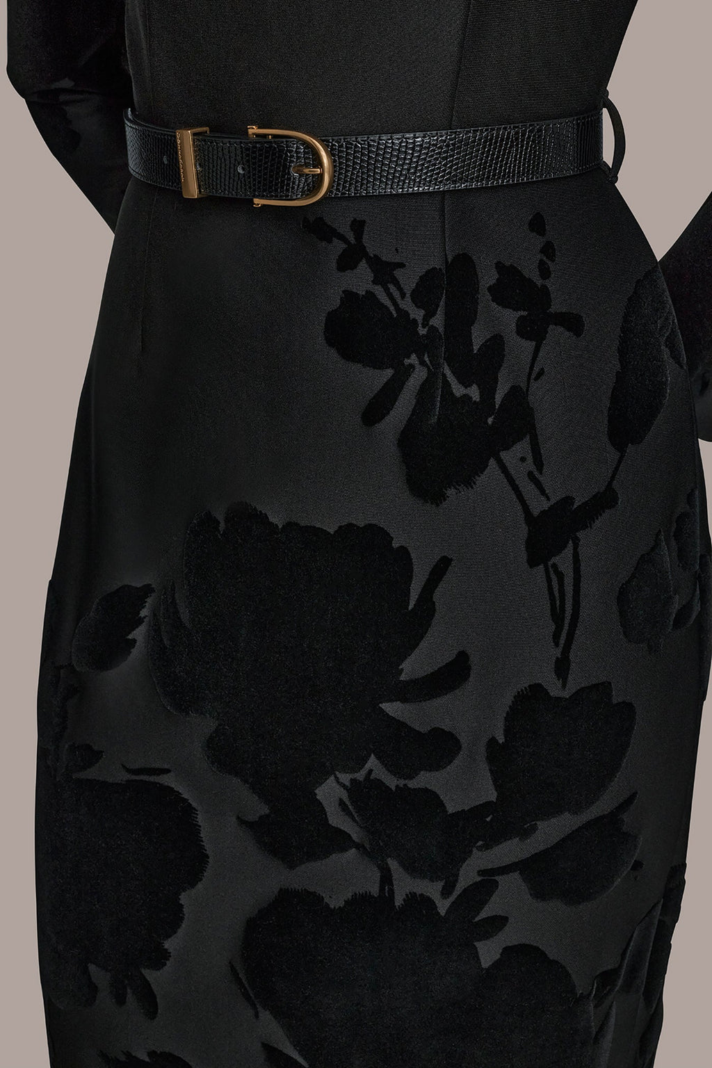 BELTED FLOCKED FLORAL MIDI SHEATH