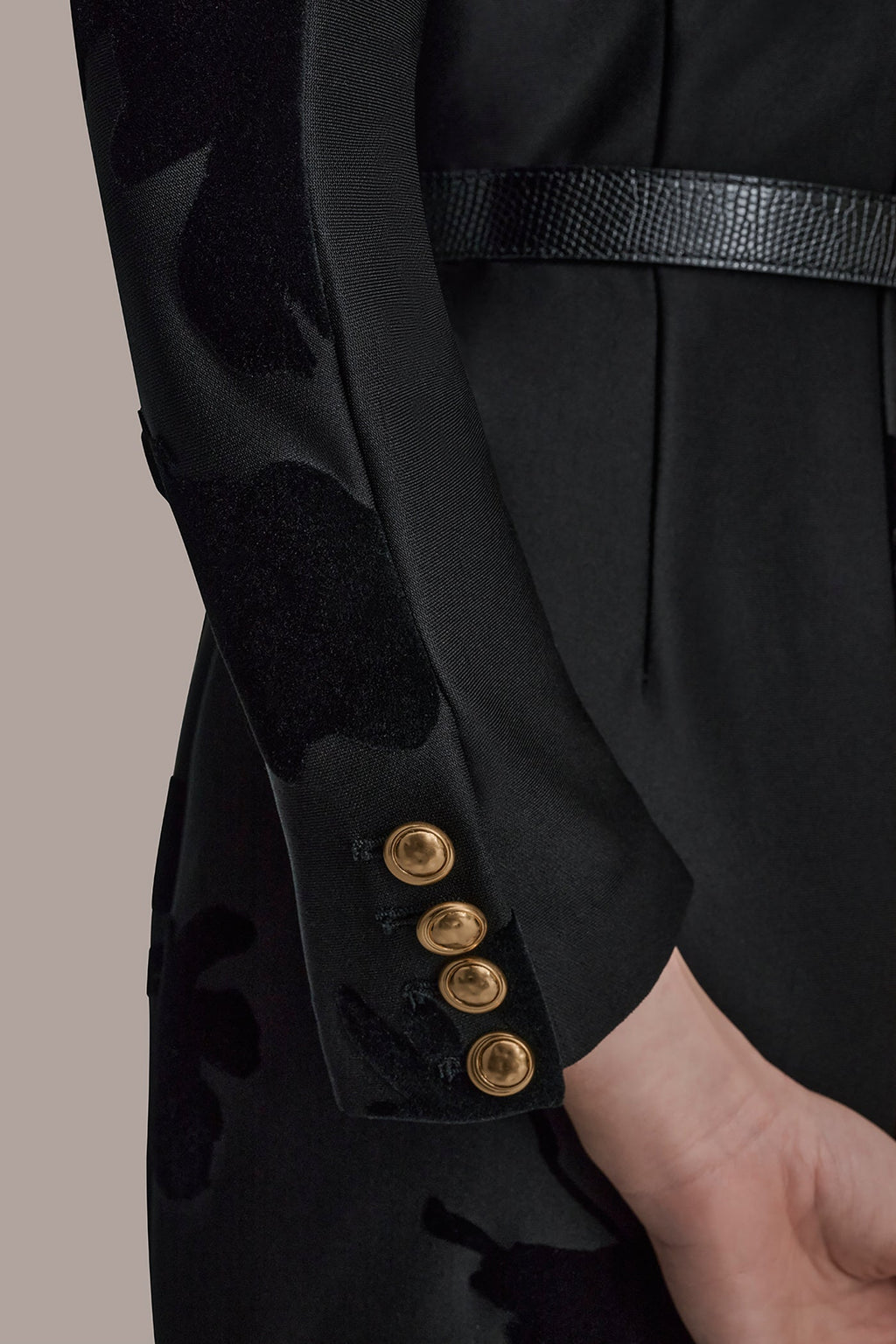 BELTED FLOCKED FLORAL MIDI SHEATH