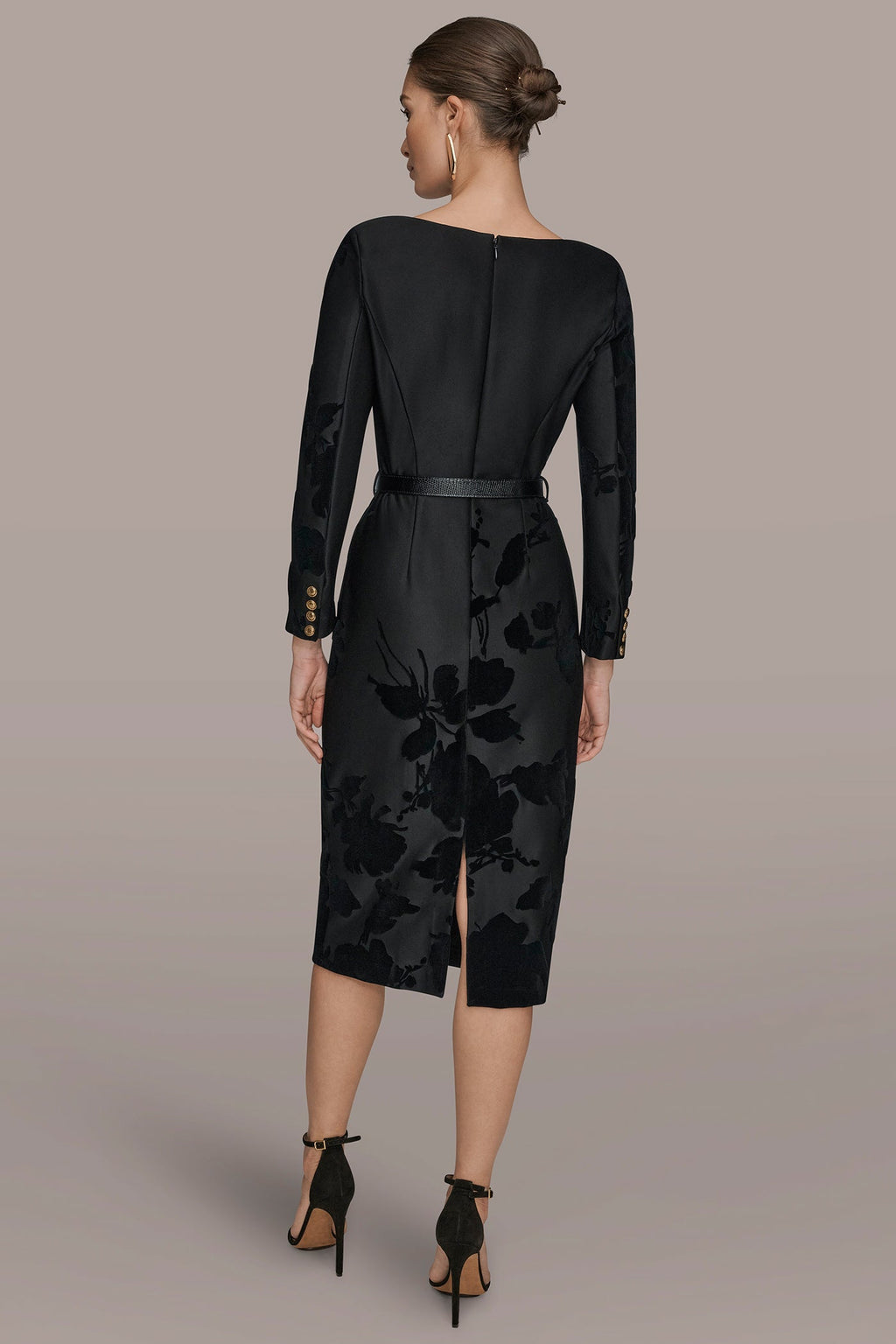 BELTED FLOCKED FLORAL MIDI SHEATH