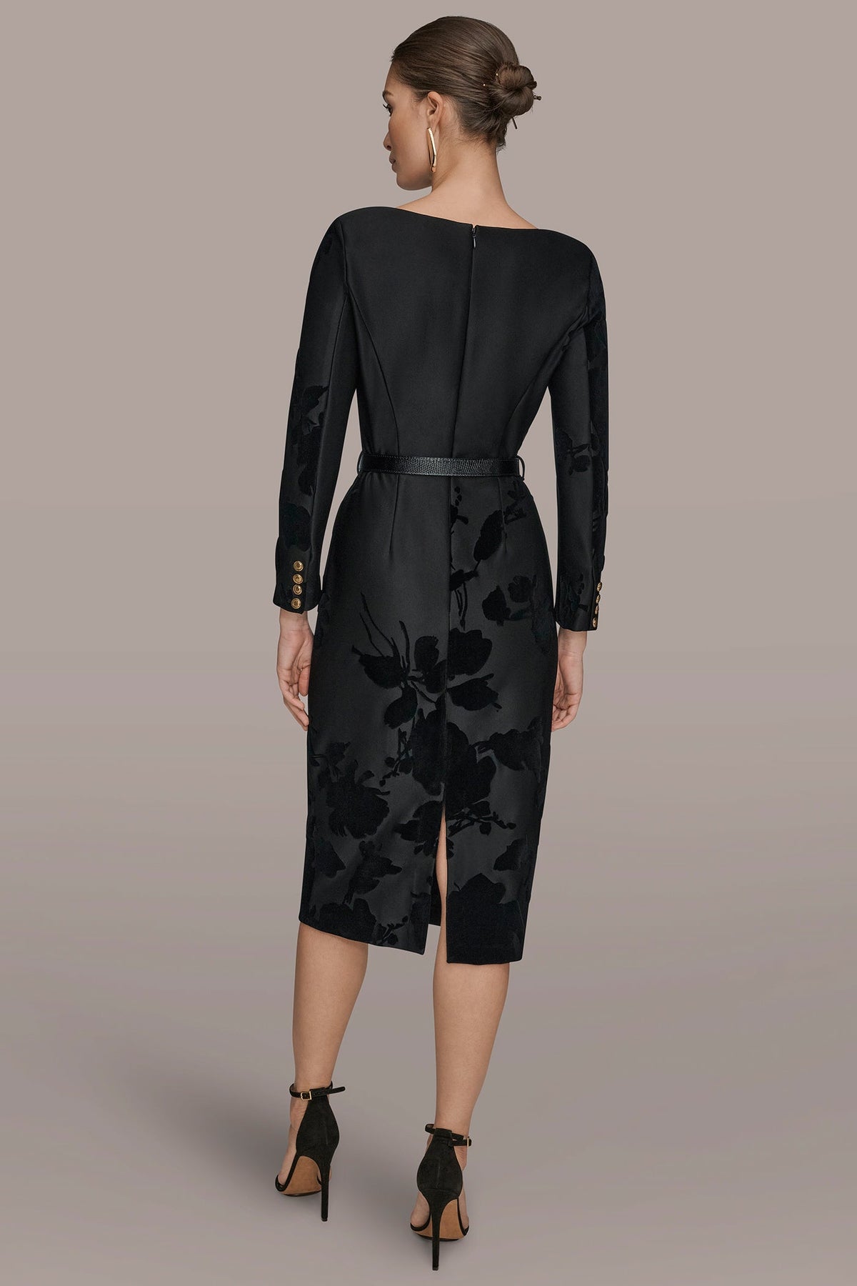 BELTED FLOCKED FLORAL MIDI SHEATH