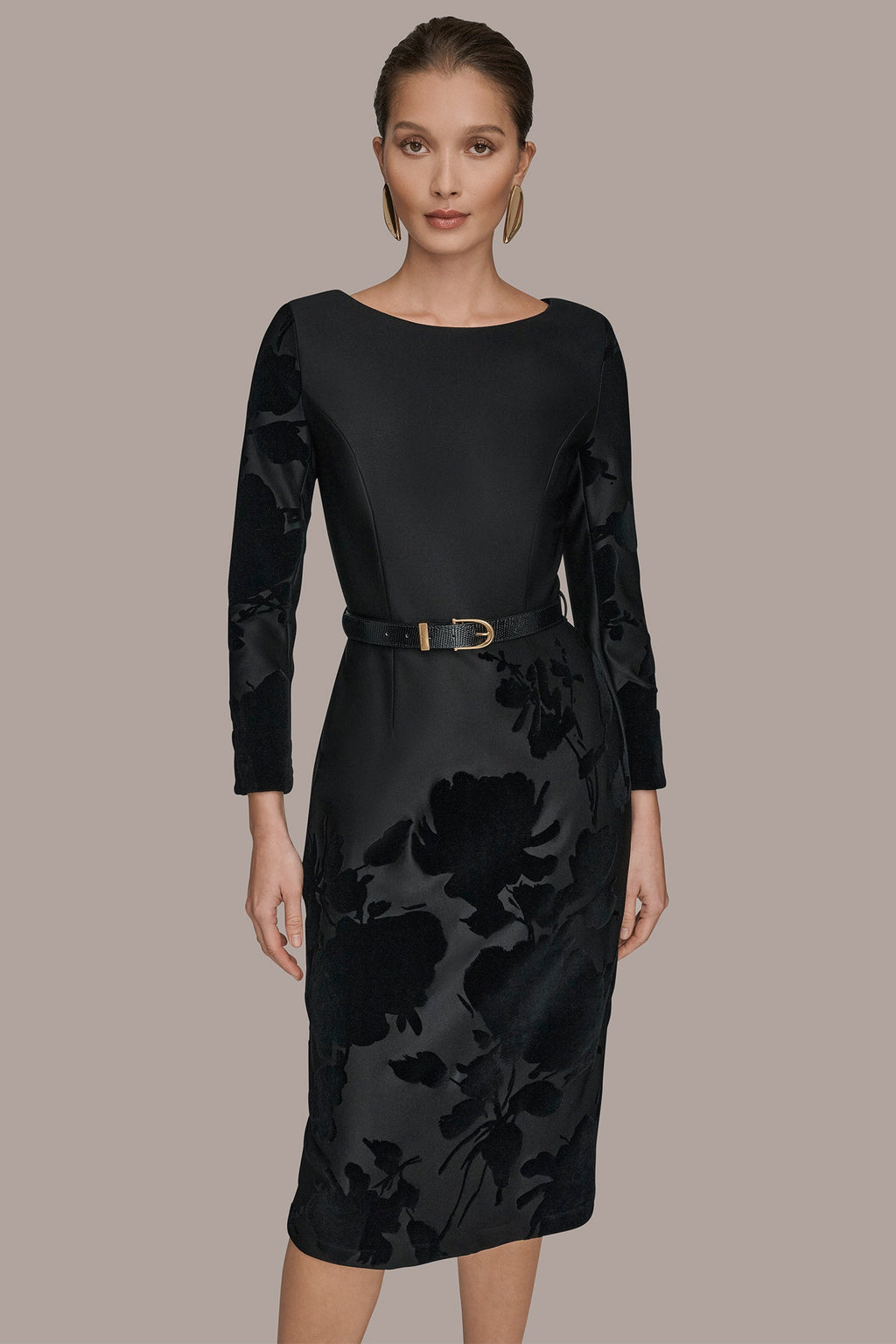 BELTED FLOCKED FLORAL MIDI SHEATH