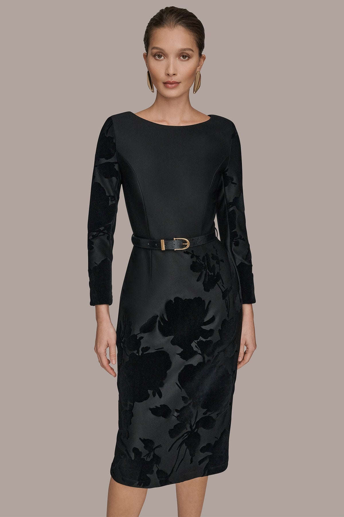 BELTED FLOCKED FLORAL MIDI SHEATH