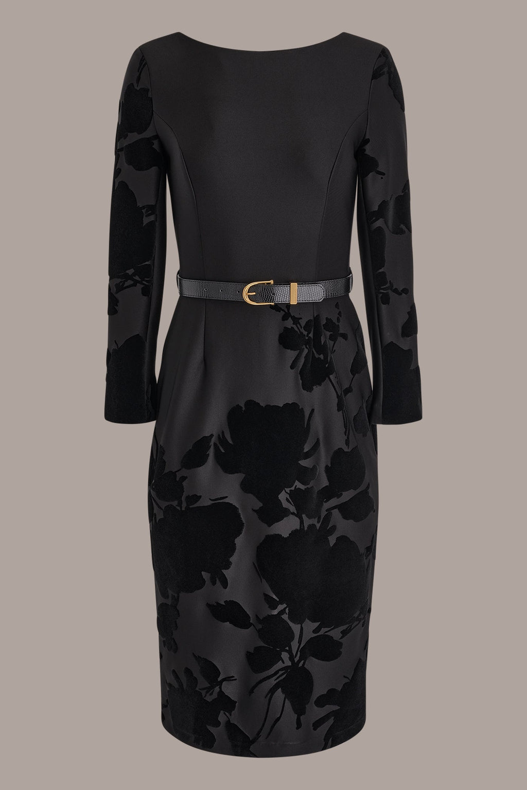 BELTED FLOCKED FLORAL MIDI SHEATH