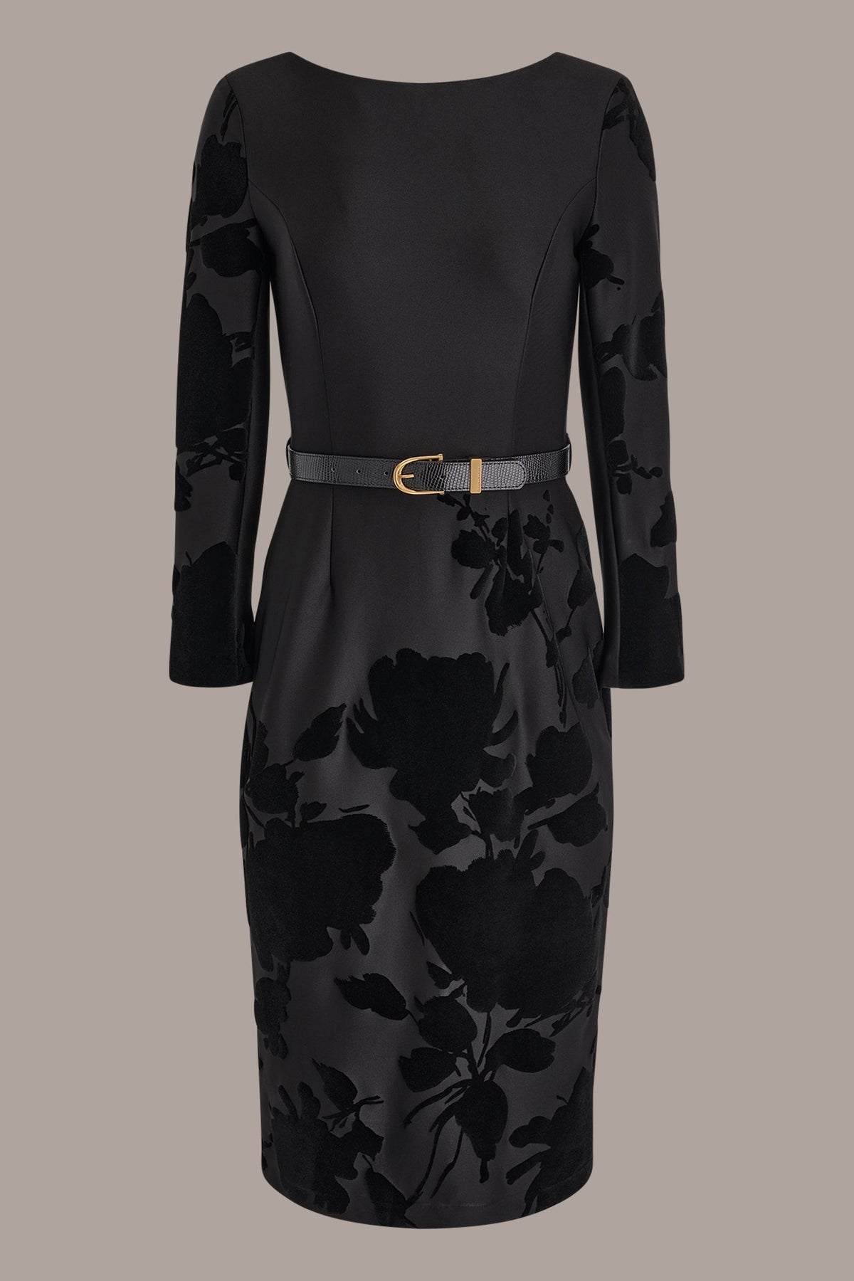 BELTED FLOCKED FLORAL MIDI SHEATH