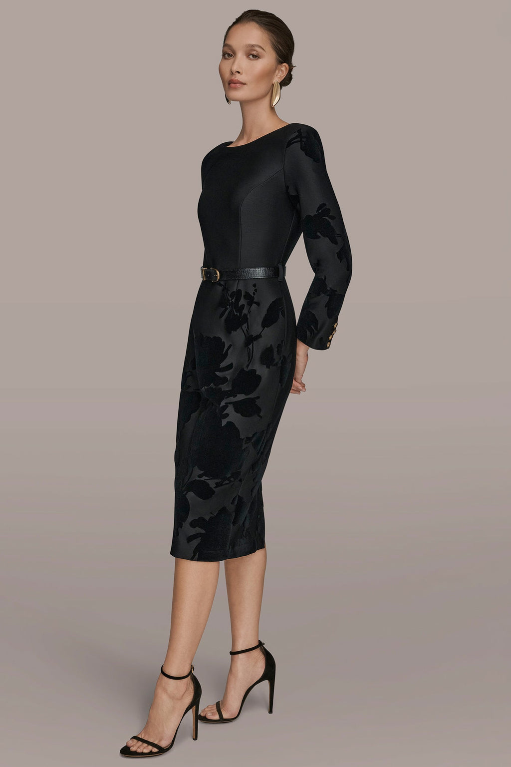 BELTED FLOCKED FLORAL MIDI SHEATH