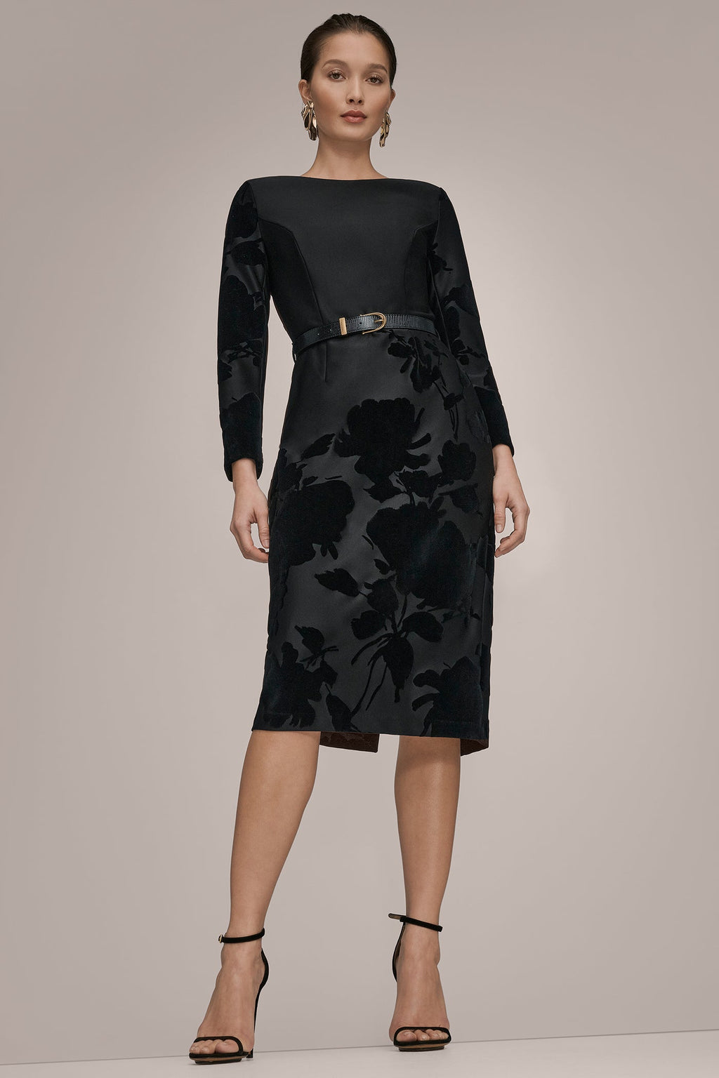BELTED FLOCKED FLORAL MIDI SHEATH