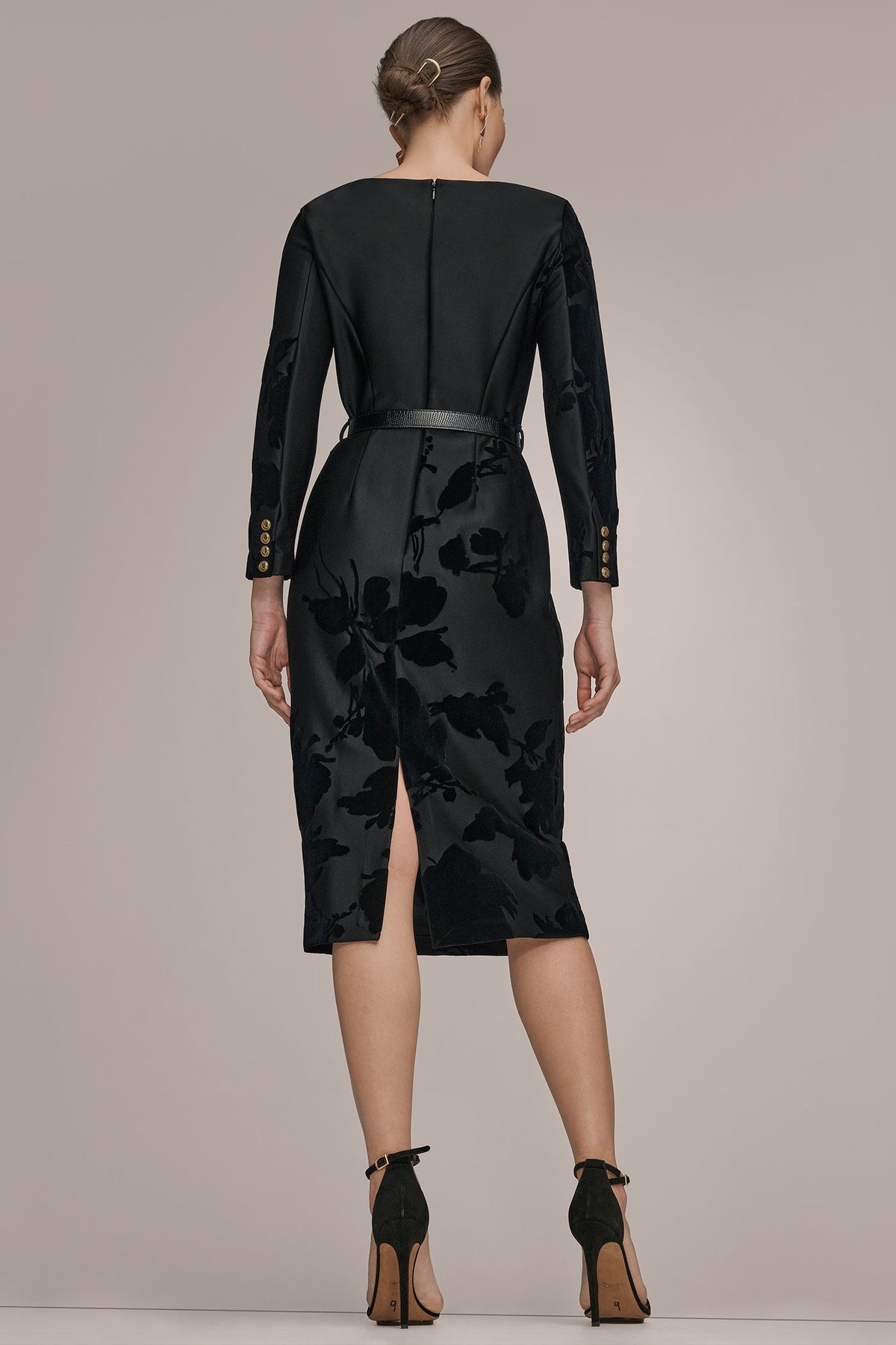 BELTED FLOCKED FLORAL MIDI SHEATH
