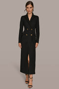DOUBLE-BREASTED SATIN-TRIMMED MAXI COAT DRESS
