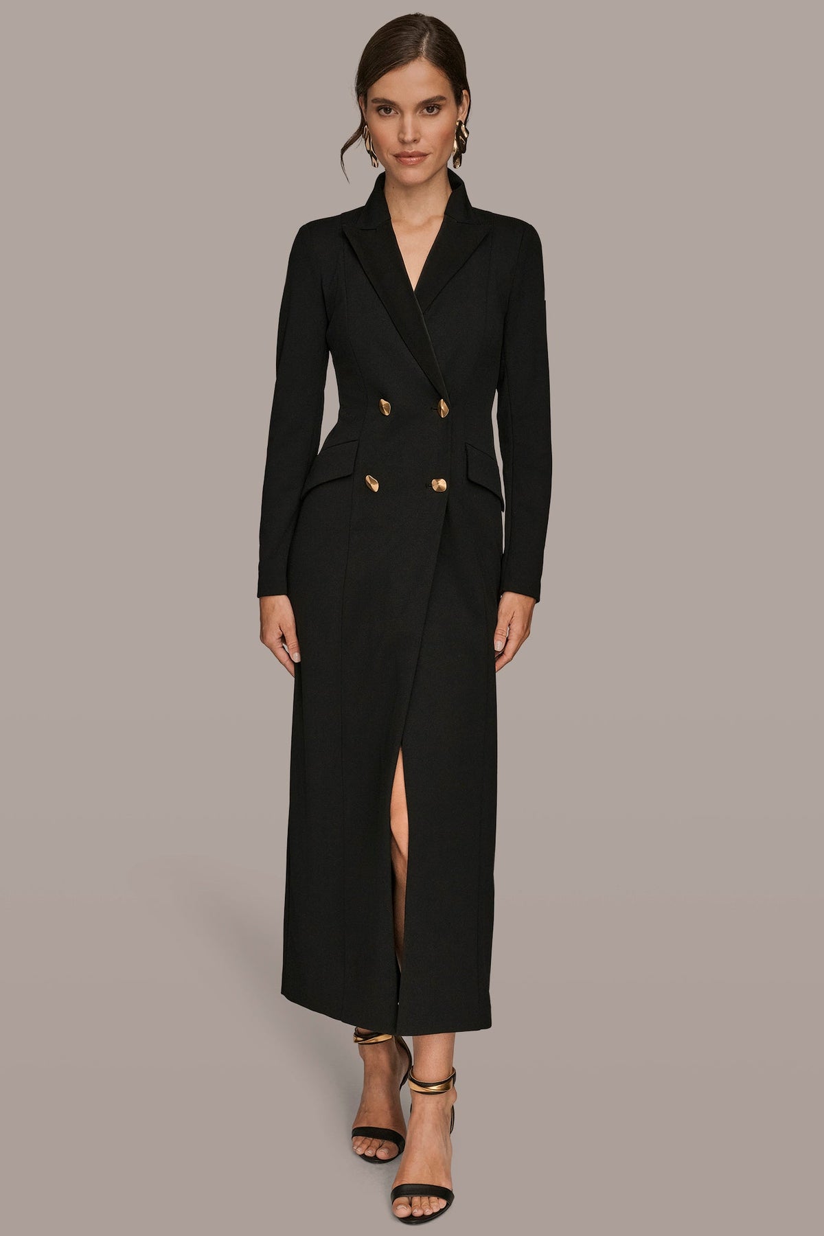 DOUBLE-BREASTED SATIN-TRIMMED MAXI COAT DRESS
