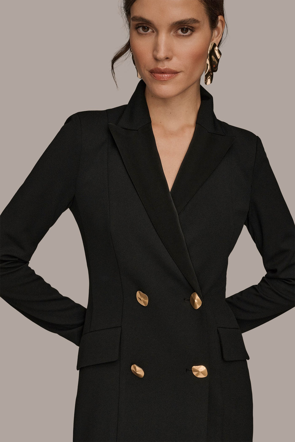 DOUBLE-BREASTED SATIN-TRIMMED MAXI COAT DRESS