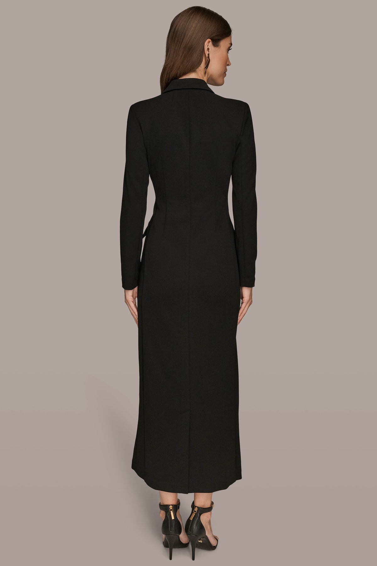 DOUBLE-BREASTED SATIN-TRIMMED MAXI COAT DRESS