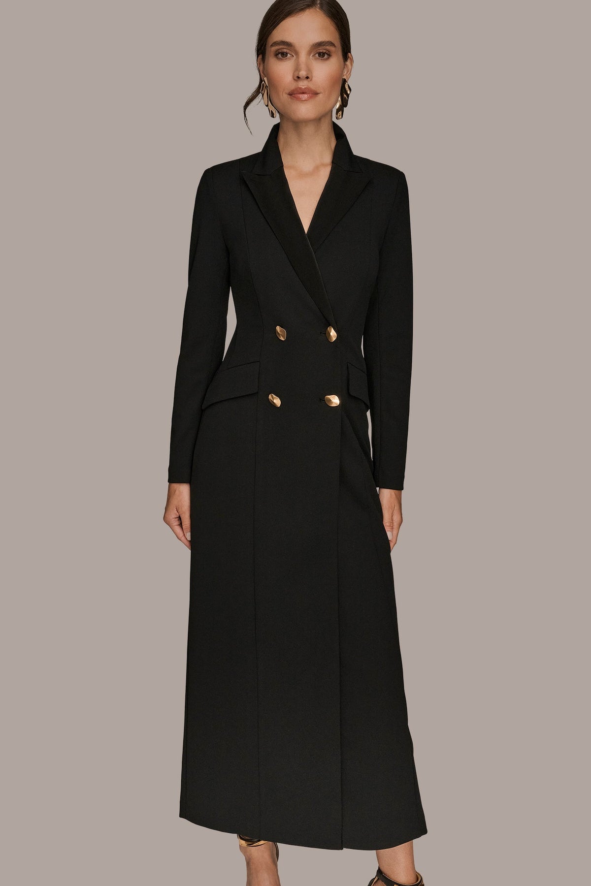 DOUBLE-BREASTED SATIN-TRIMMED MAXI COAT DRESS