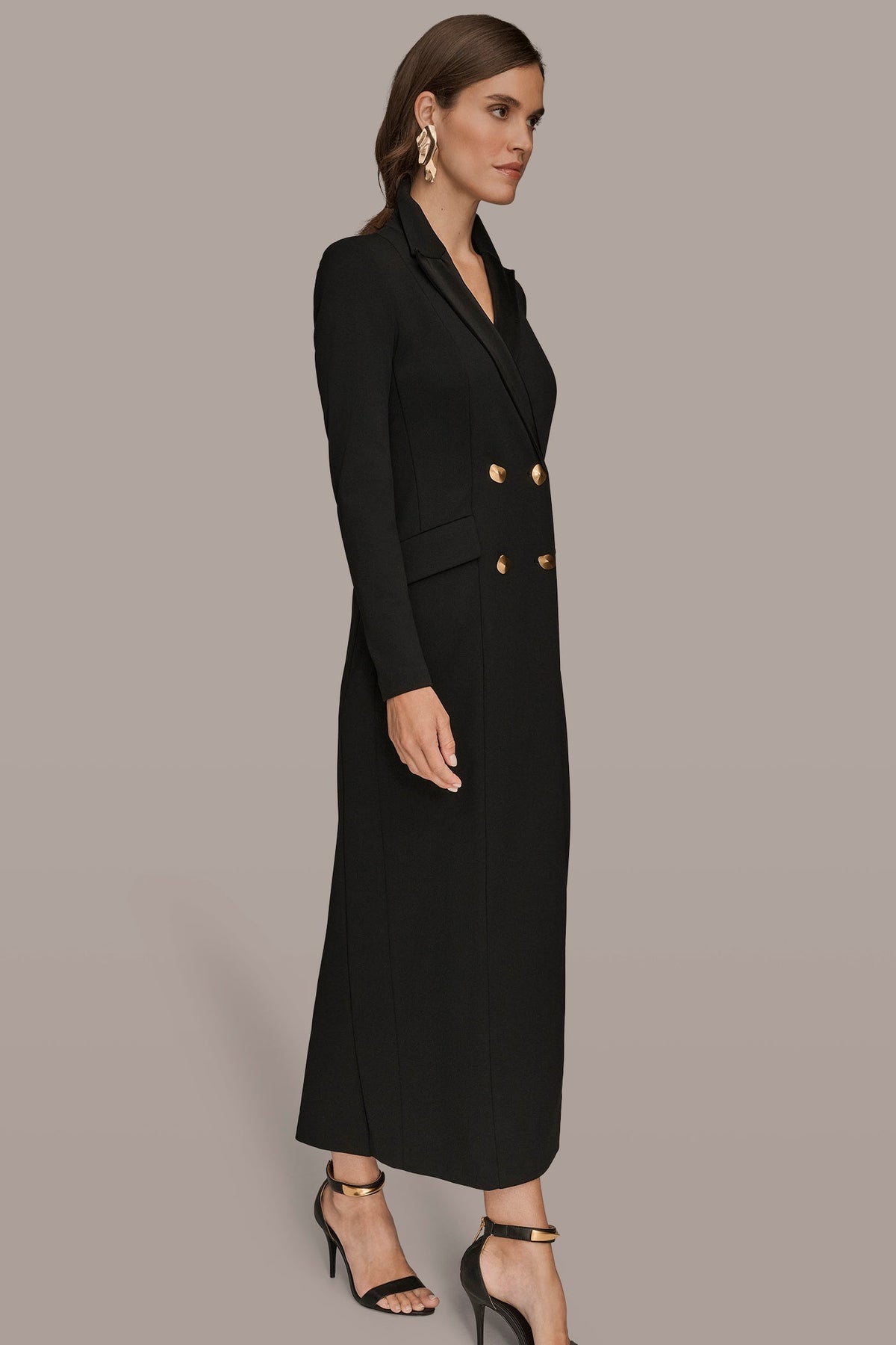 DOUBLE-BREASTED SATIN-TRIMMED MAXI COAT DRESS