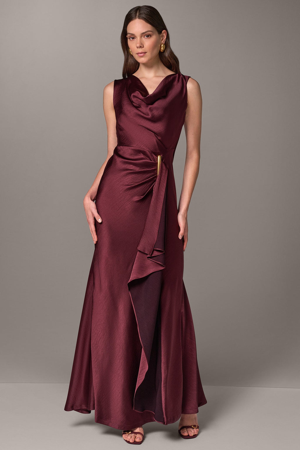 SATIN COWL NECK RUFFLE GOWN