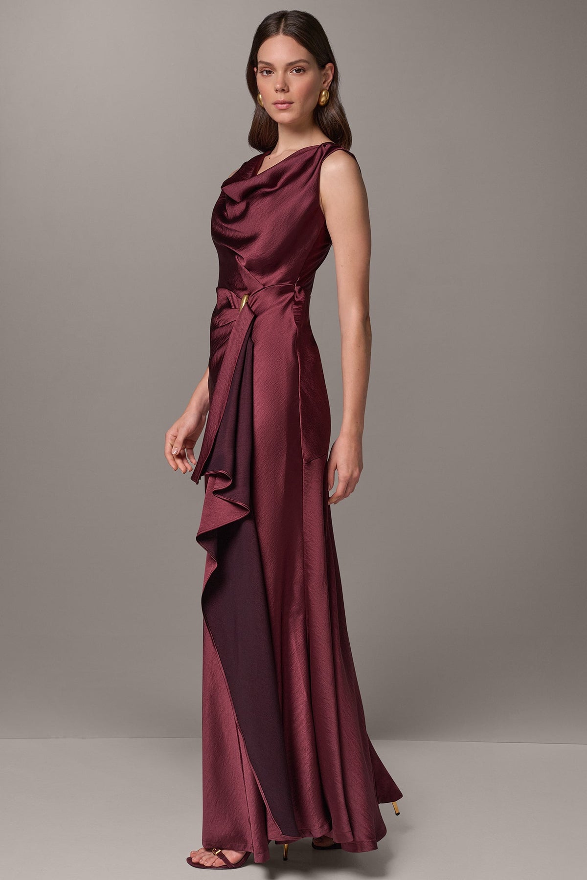 SATIN COWL NECK RUFFLE GOWN