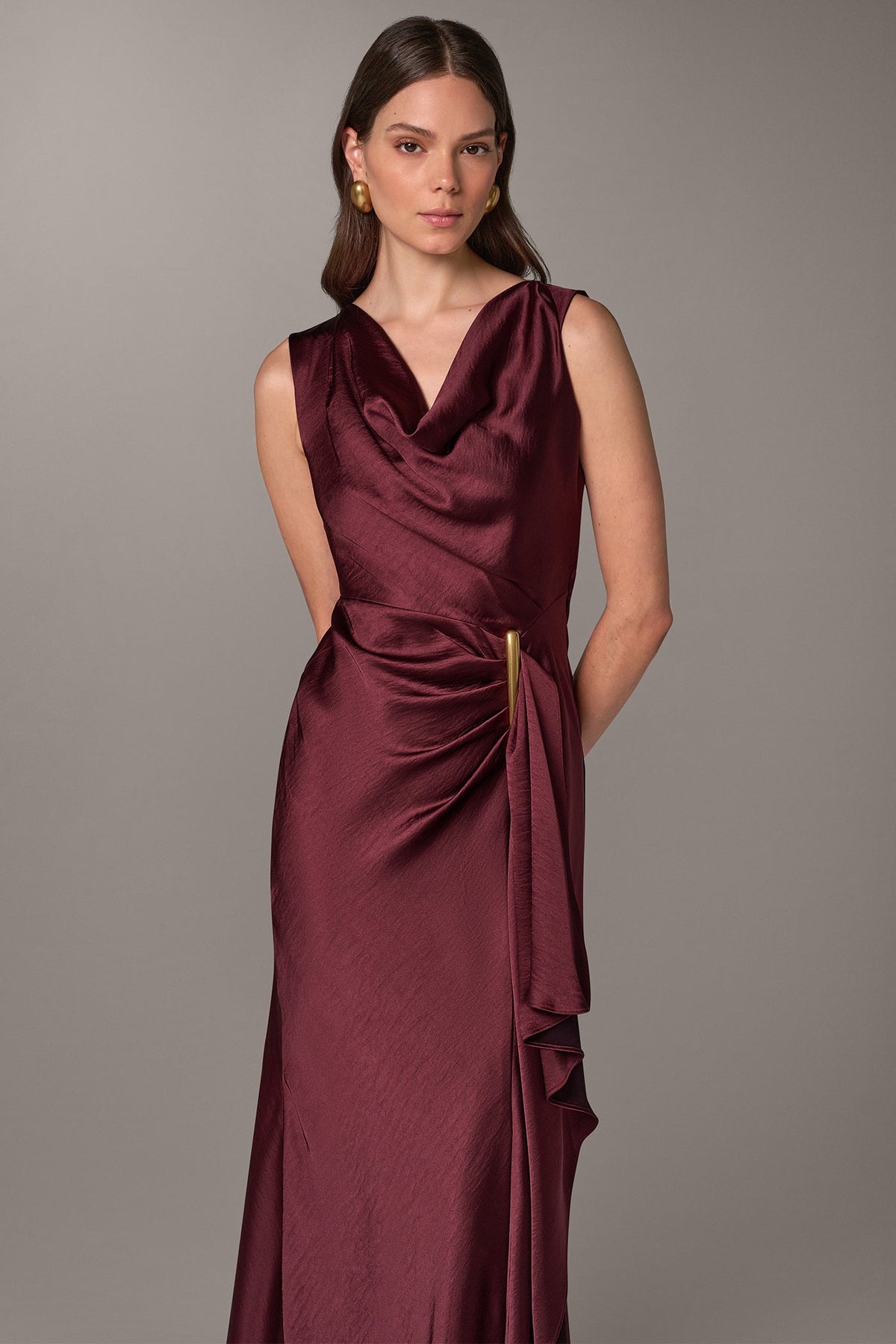 SATIN COWL NECK RUFFLE GOWN