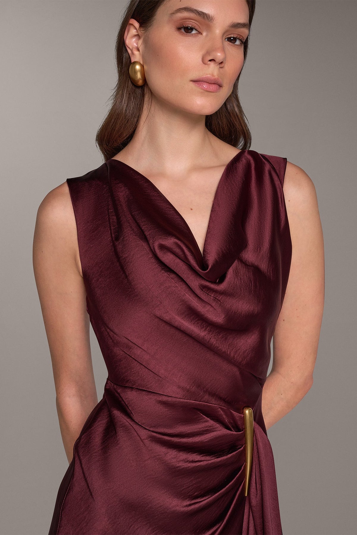 SATIN COWL NECK RUFFLE GOWN
