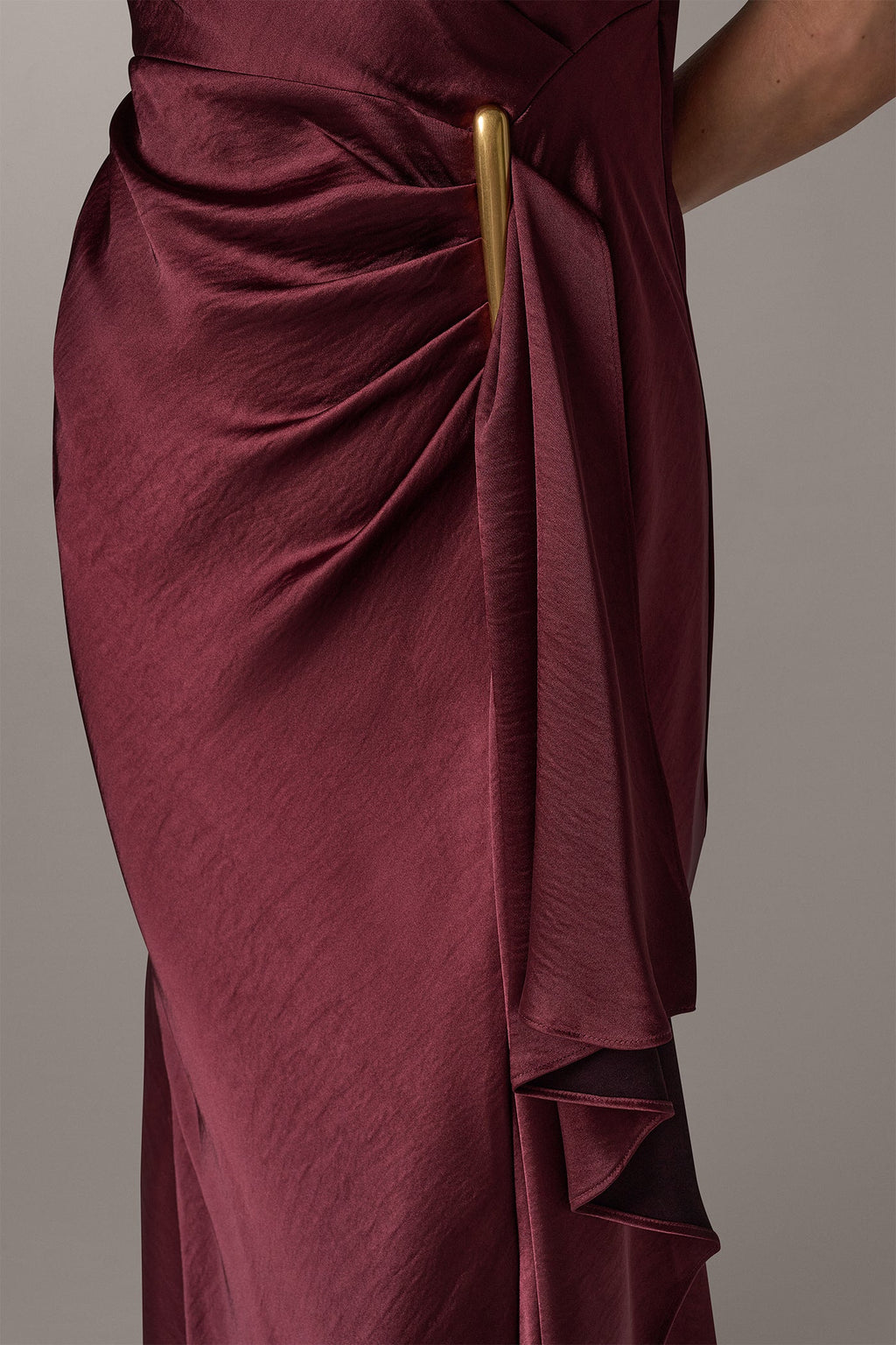 SATIN COWL NECK RUFFLE GOWN