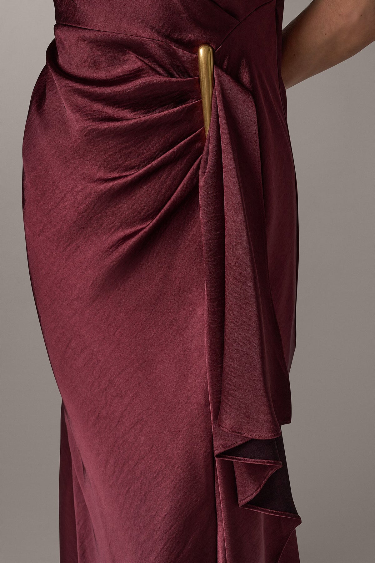 SATIN COWL NECK RUFFLE GOWN
