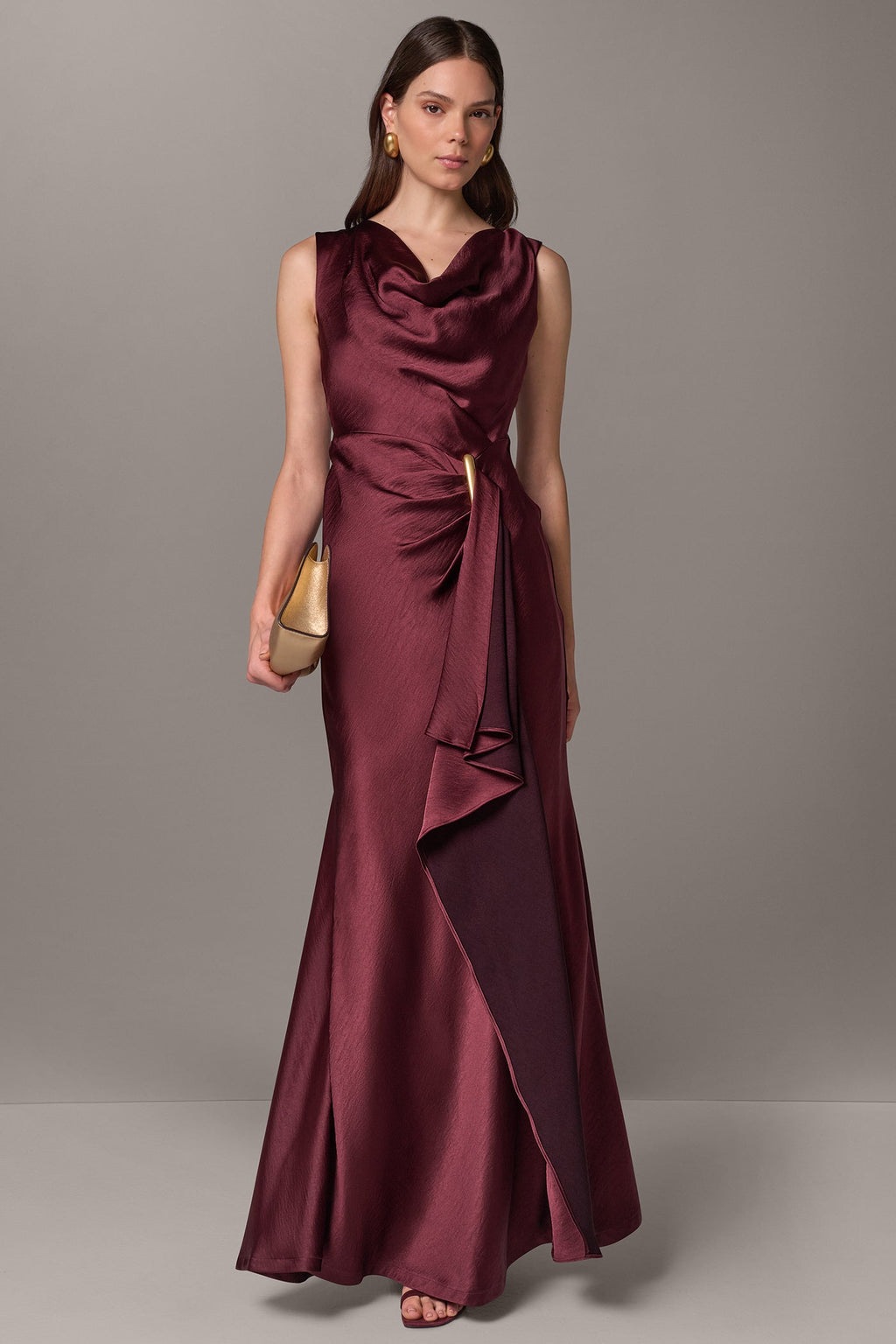 SATIN COWL NECK RUFFLE GOWN