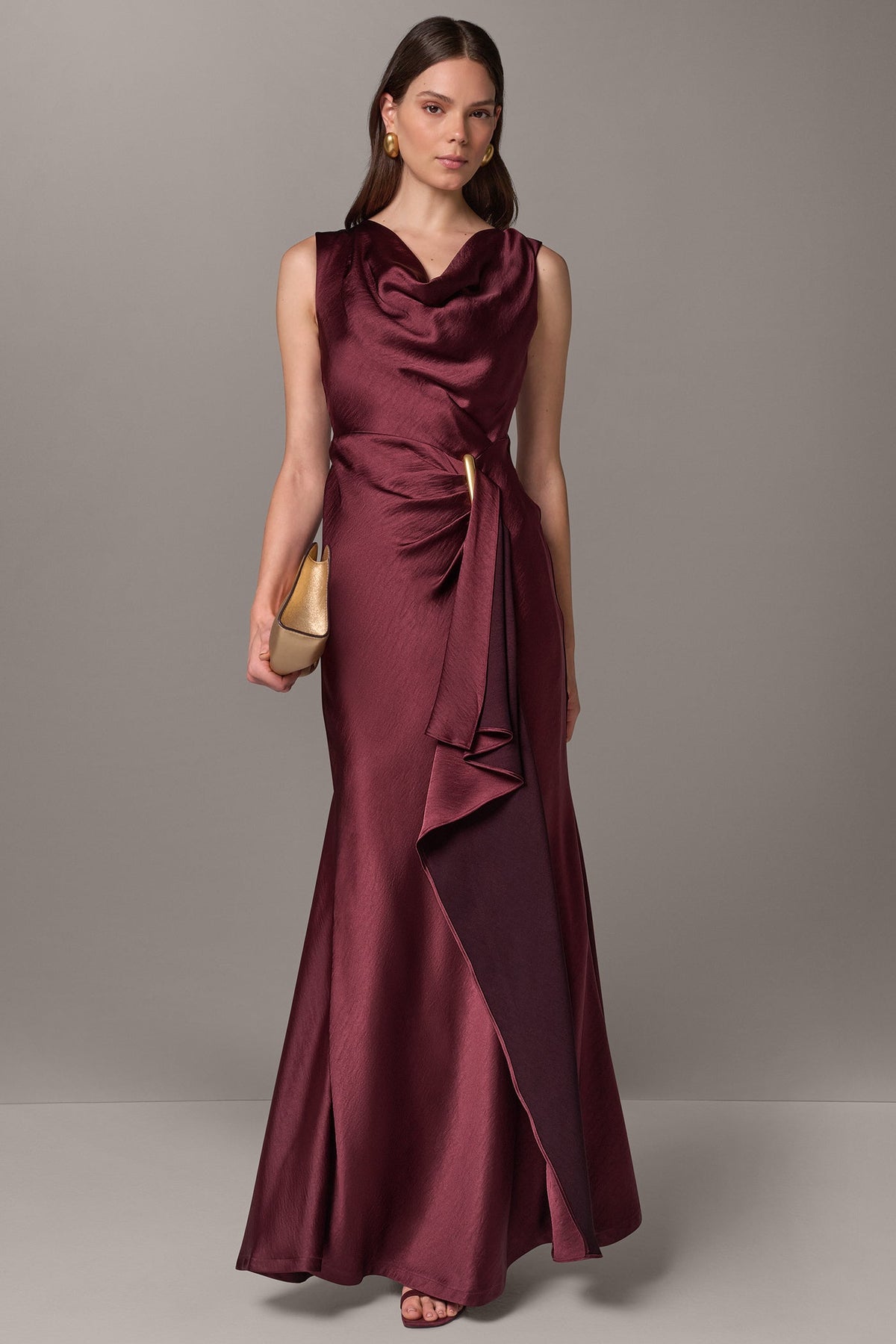 SATIN COWL NECK RUFFLE GOWN